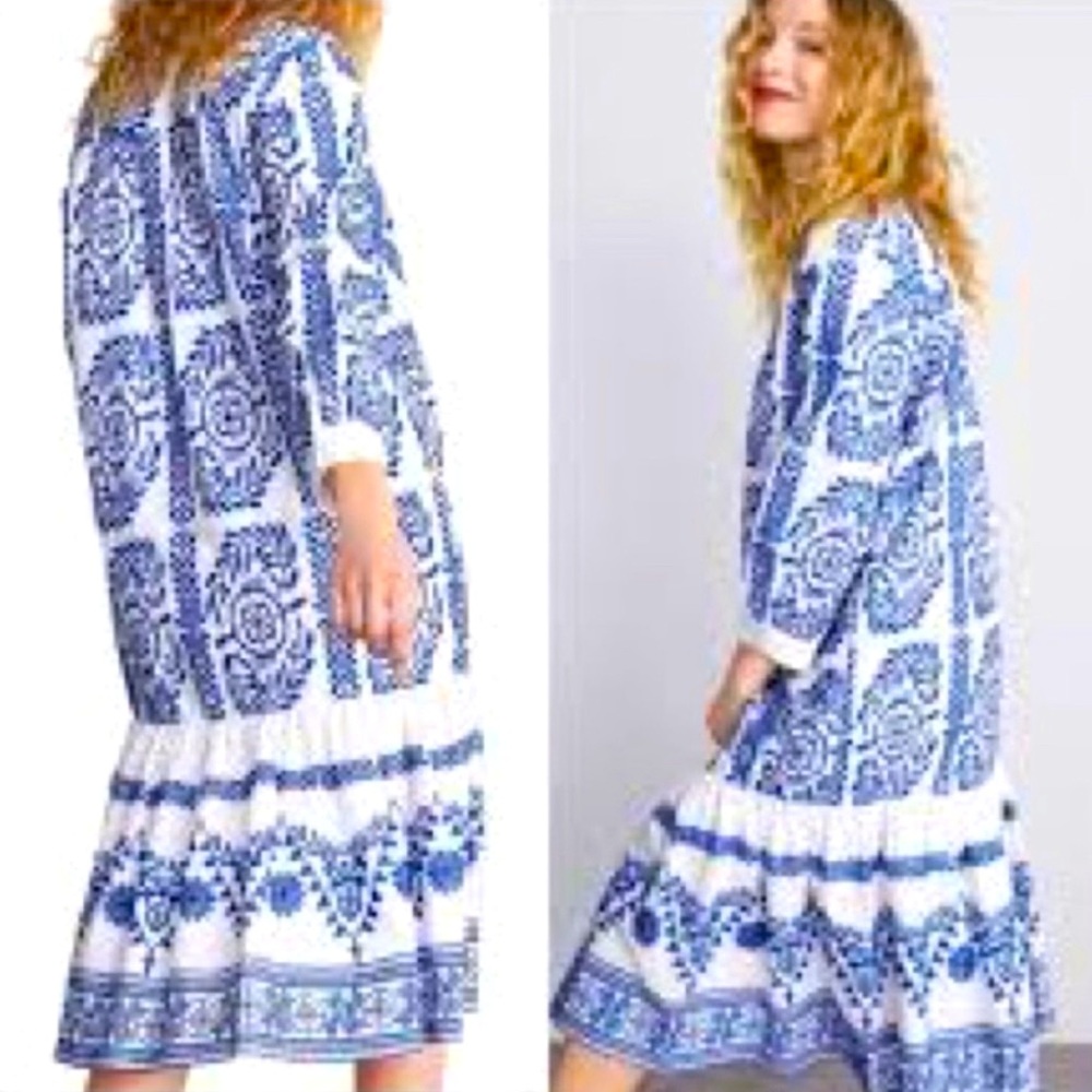 Zara Size M Peplum Dress Santorini Blue White  embroidered pockets drop waist